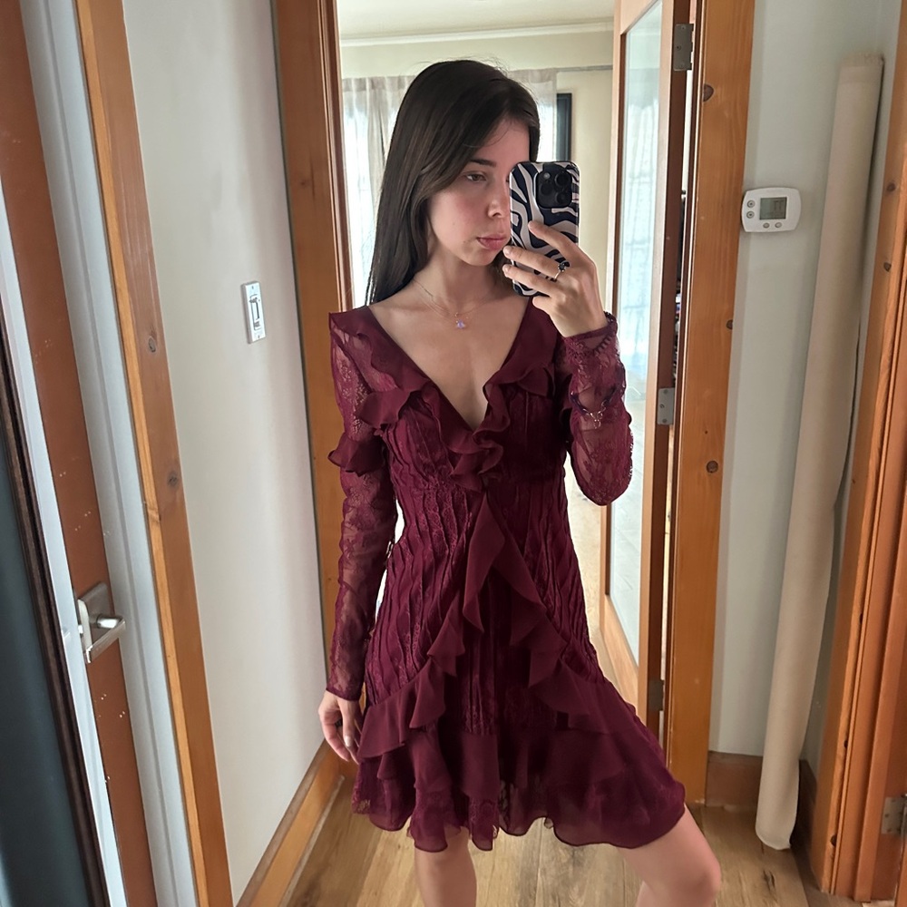 For Love And Lemons Wine Ruffle Mini Dress